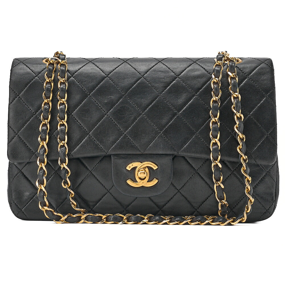 CHANEL Lambskin Matelasse Double Flap 25cm Chain Shoulder Black Gold-Tone Hardware, Pre-Owned