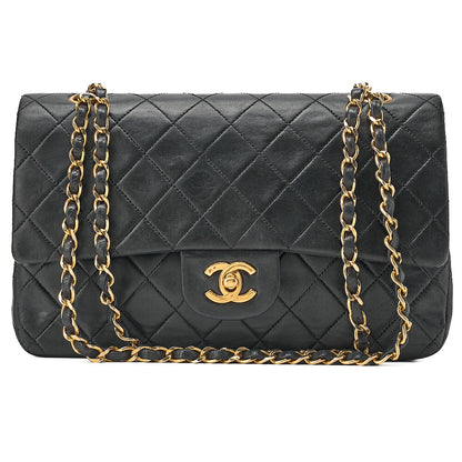 CHANEL Lambskin Matelasse Double Flap 25cm Chain Shoulder Black Gold-Tone Hardware, Pre-Owned