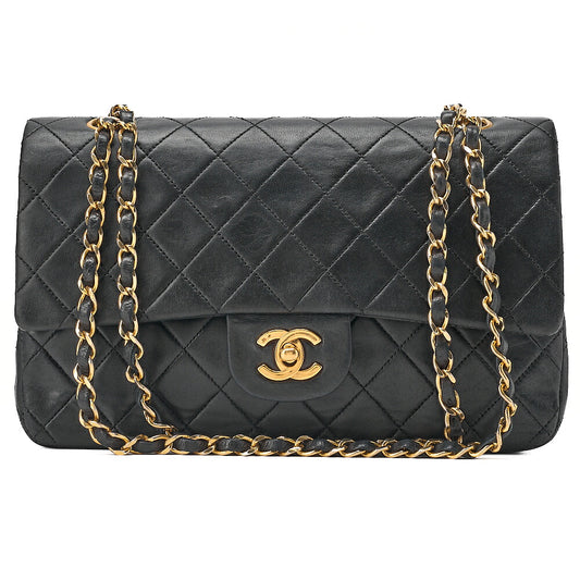 CHANEL Lambskin Matelasse Double Flap 25cm Chain Shoulder Black Gold-Tone Hardware, Pre-Owned