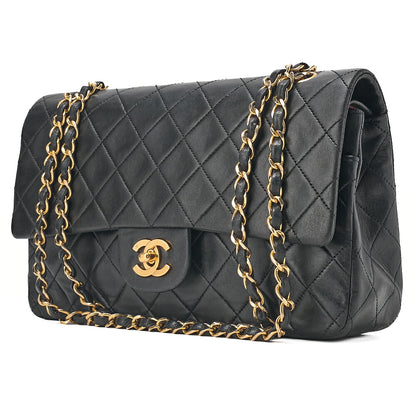 CHANEL Lambskin Matelasse Double Flap 25cm Chain Shoulder Black Gold-Tone Hardware, Pre-Owned