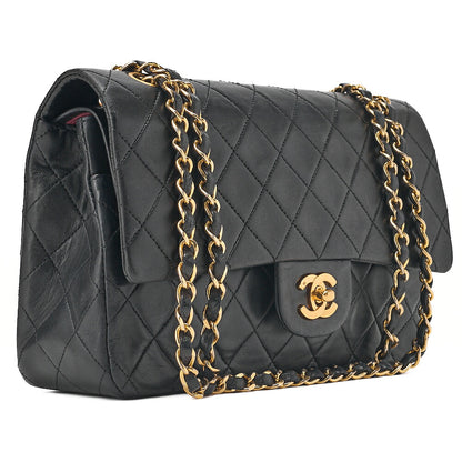CHANEL Lambskin Matelasse Double Flap 25cm Chain Shoulder Black Gold-Tone Hardware, Pre-Owned