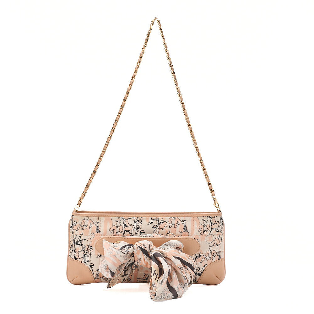 CHANEL Lambskin x Satin Chocolate Bar Ribbon Chain Shoulder Beige Silver-Tone Hardware, Pre-Owned