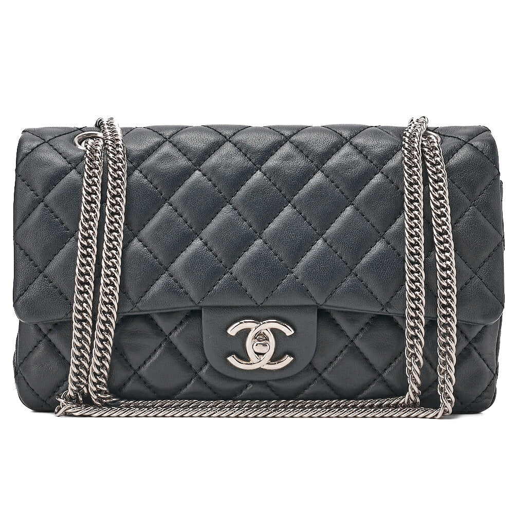 CHANEL Calfskin Matelasse Double Flap 25cm Chain Shoulder Navy Silver-Tone Hardware, Pre-Owned