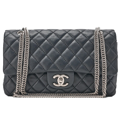 CHANEL Calfskin Matelasse Double Flap 25cm Chain Shoulder Navy Silver-Tone Hardware, Pre-Owned