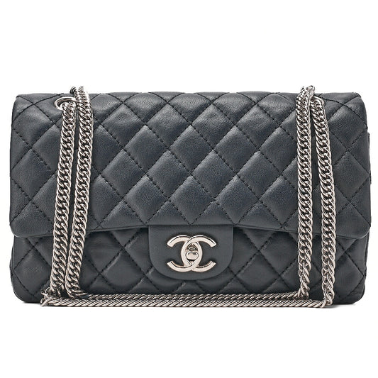 CHANEL Calfskin Matelasse Double Flap 25cm Chain Shoulder Navy Silver-Tone Hardware, Pre-Owned