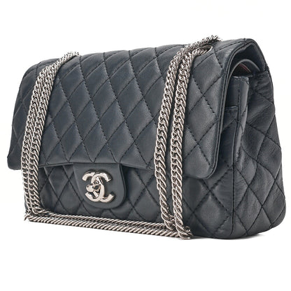CHANEL Calfskin Matelasse Double Flap 25cm Chain Shoulder Navy Silver-Tone Hardware, Pre-Owned