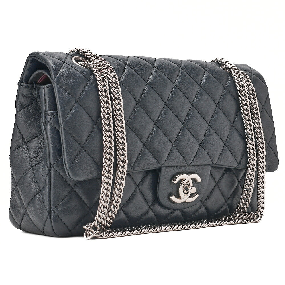 CHANEL Calfskin Matelasse Double Flap 25cm Chain Shoulder Navy Silver-Tone Hardware, Pre-Owned