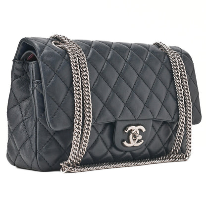 CHANEL Calfskin Matelasse Double Flap 25cm Chain Shoulder Navy Silver-Tone Hardware, Pre-Owned
