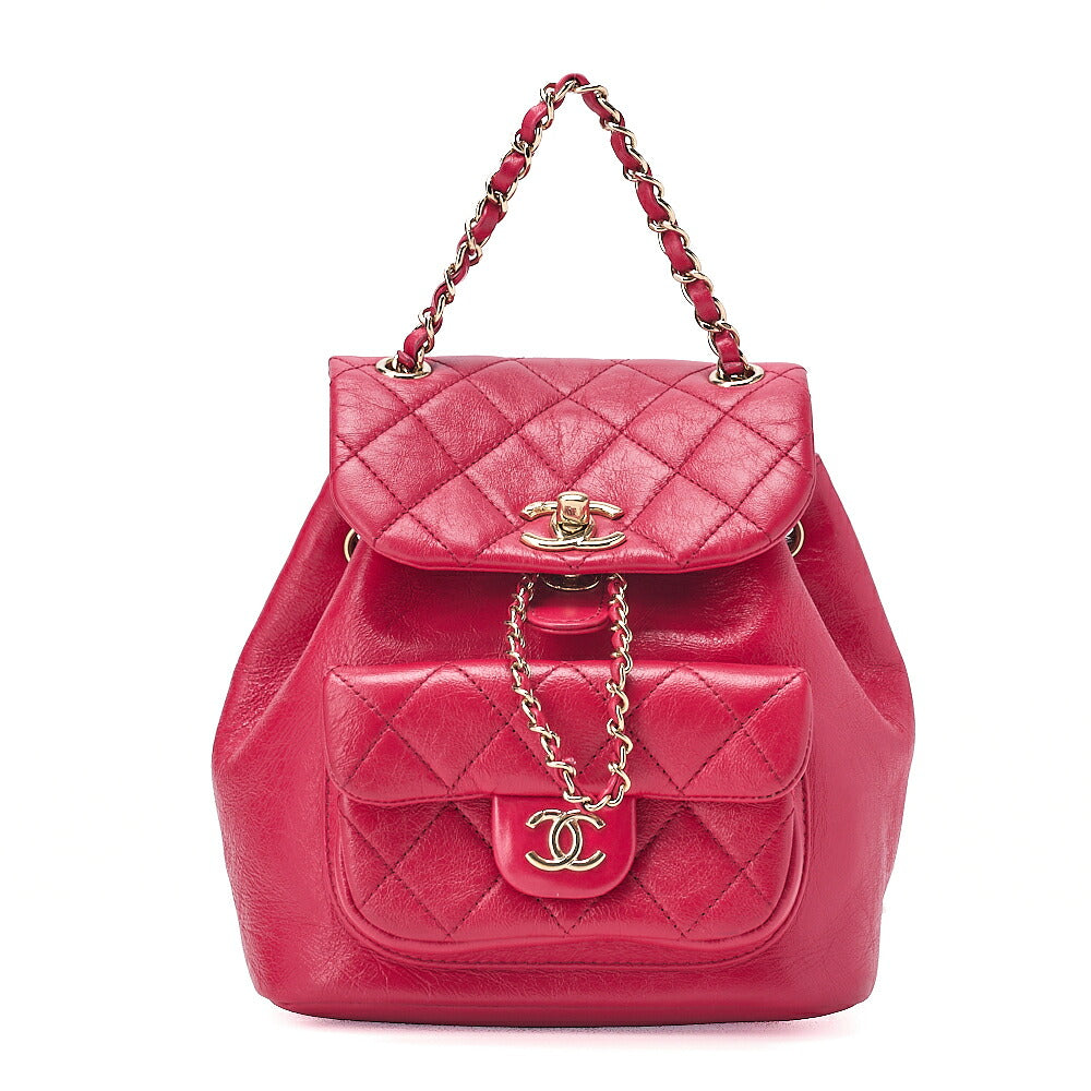 CHANEL Wrinkled Enamel x Lamb Matelasse Turn Lock Chain Backpack Drawstring Type Chain Shoulder Red Gold-Tone Hardware, Pre-Owned