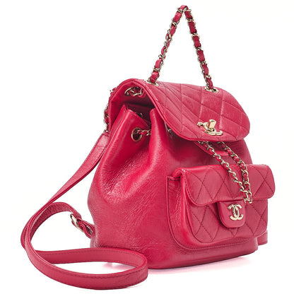 CHANEL Wrinkled Enamel x Lamb Matelasse Turn Lock Chain Backpack Drawstring Type Chain Shoulder Red Gold-Tone Hardware, Pre-Owned