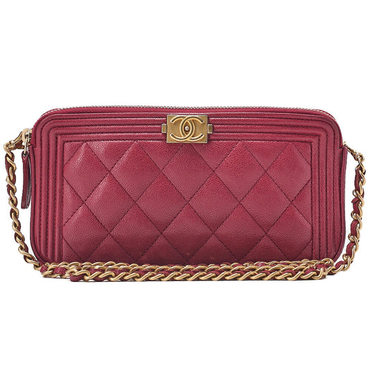 CHANEL Boy Chanel Chain Wallet Caviar Skin Red Gold-Tone Hardware, Pre-Owned