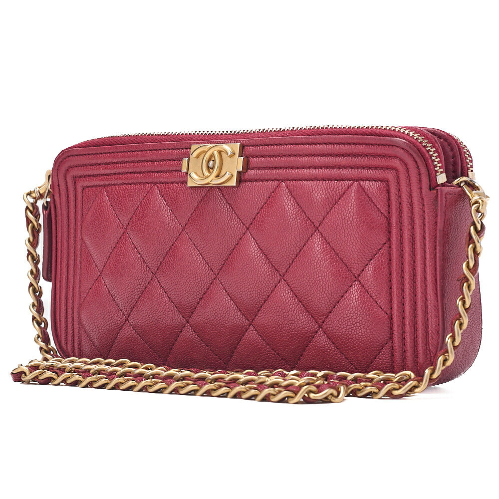 CHANEL Boy Chanel Chain Wallet Caviar Skin Red Gold-Tone Hardware, Pre-Owned