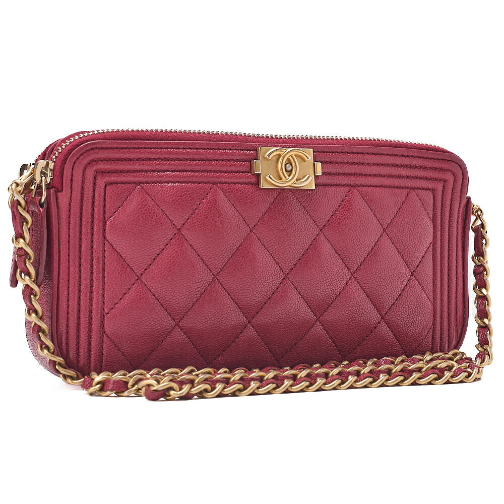 CHANEL Boy Chanel Chain Wallet Caviar Skin Red Gold-Tone Hardware, Pre-Owned