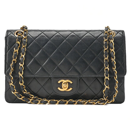 CHANEL Lambskin Matelasse W Straight Flap Chain Shoulder Black Gold-Tone Hardware, Pre-Owned