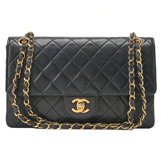 CHANEL Lambskin Matelasse W Straight Flap Chain Shoulder Black Gold-Tone Hardware, Pre-Owned