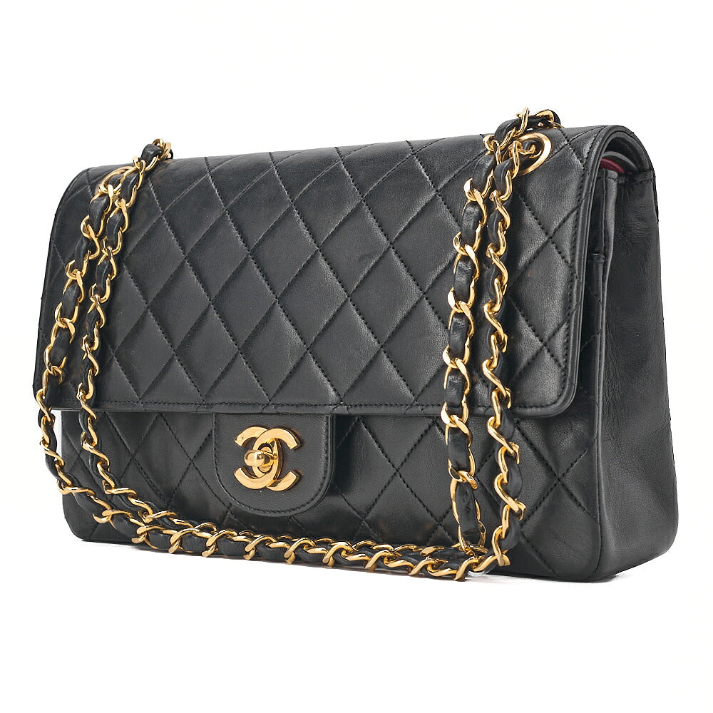 CHANEL Lambskin Matelasse W Straight Flap Chain Shoulder Black Gold-Tone Hardware, Pre-Owned