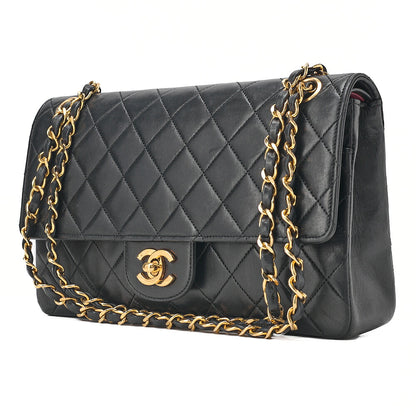 CHANEL Lambskin Matelasse W Straight Flap Chain Shoulder Black Gold-Tone Hardware, Pre-Owned