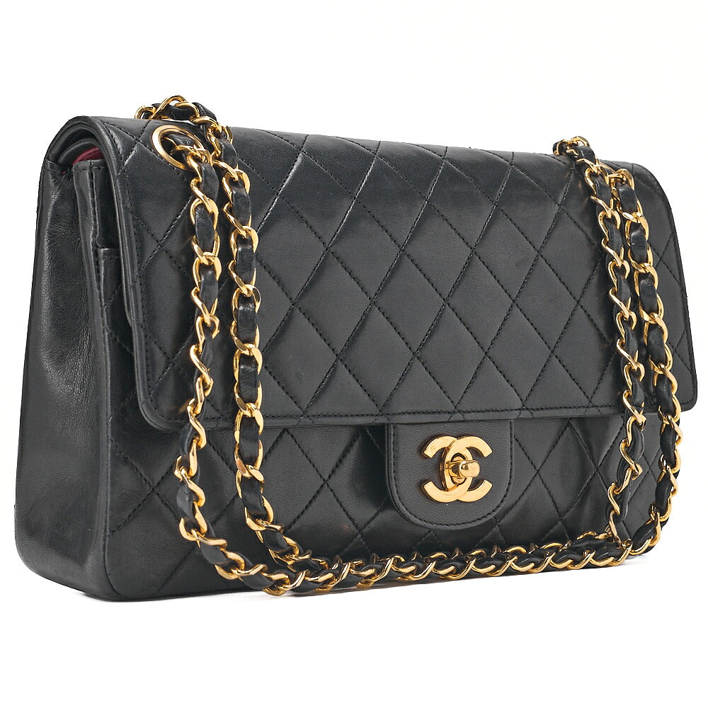 CHANEL Lambskin Matelasse W Straight Flap Chain Shoulder Black Gold-Tone Hardware, Pre-Owned