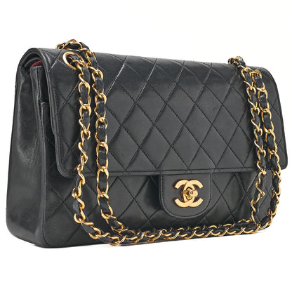 CHANEL Lambskin Matelasse W Straight Flap Chain Shoulder Black Gold-Tone Hardware, Pre-Owned