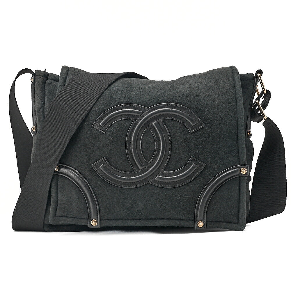 CHANEL Suede x Cotton x Lamb Coco Mark Full Flap Shoulder Bag Black Gold-Tone Hardware, Pre-Owned