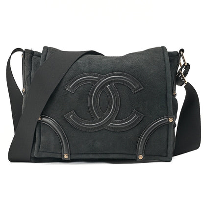 CHANEL Suede x Cotton x Lamb Coco Mark Full Flap Shoulder Bag Black Gold-Tone Hardware, Pre-Owned