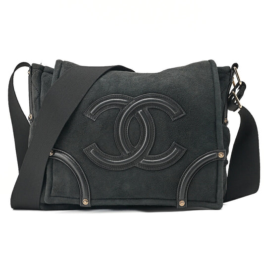 CHANEL Suede x Cotton x Lamb Coco Mark Full Flap Shoulder Bag Black Gold-Tone Hardware, Pre-Owned