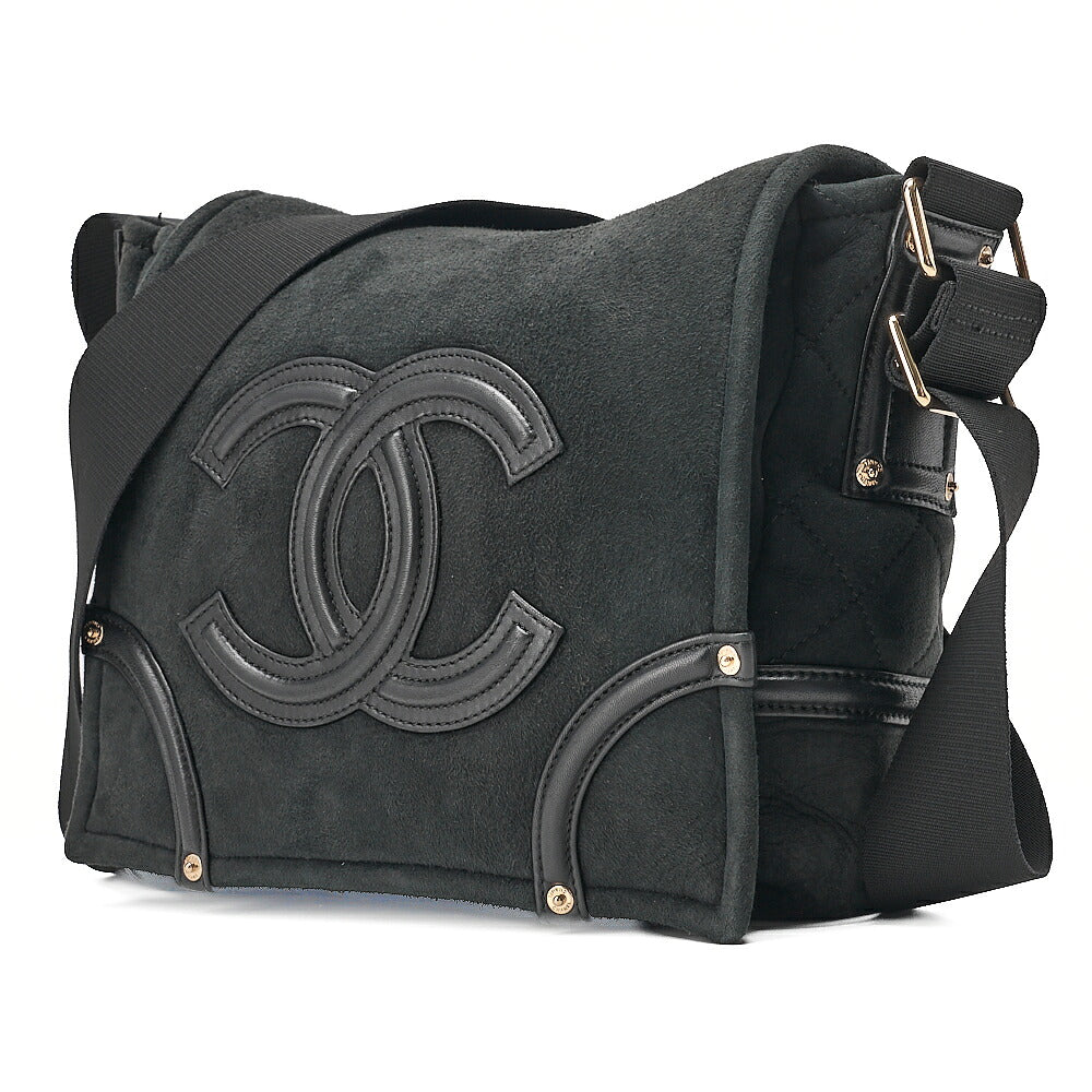 CHANEL Suede x Cotton x Lamb Coco Mark Full Flap Shoulder Bag Black Gold-Tone Hardware, Pre-Owned