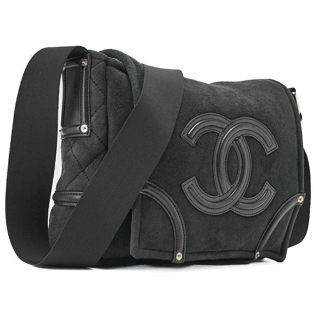 CHANEL Suede x Cotton x Lamb Coco Mark Full Flap Shoulder Bag Black Gold-Tone Hardware, Pre-Owned