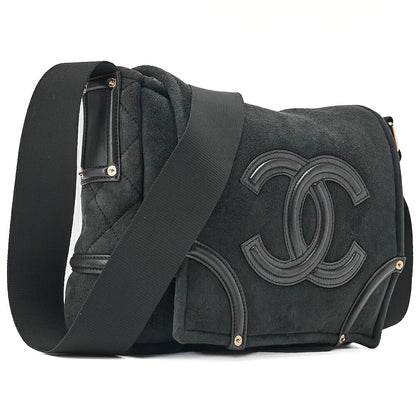 CHANEL Suede x Cotton x Lamb Coco Mark Full Flap Shoulder Bag Black Gold-Tone Hardware, Pre-Owned