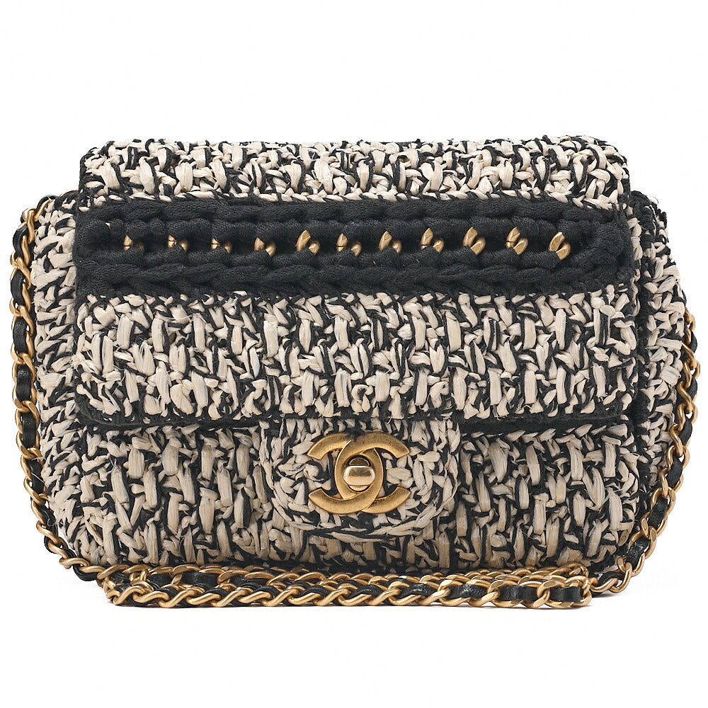 CHANEL Raffia ｘ Cotton ｘ Single Flap Chain Shoulder White ｘ Black Gold-Tone Hardware, Pre-Owned