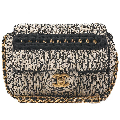 CHANEL Raffia ｘ Cotton ｘ Single Flap Chain Shoulder White ｘ Black Gold-Tone Hardware, Pre-Owned