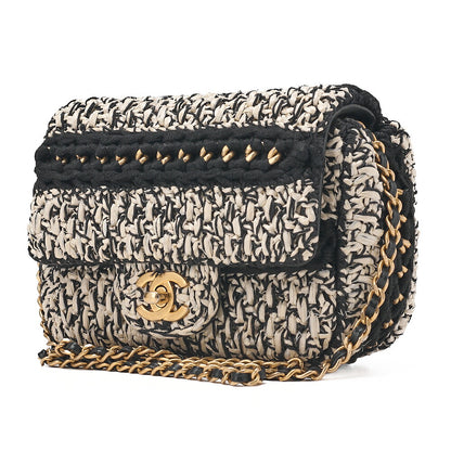 CHANEL Raffia ｘ Cotton ｘ Single Flap Chain Shoulder White ｘ Black Gold-Tone Hardware, Pre-Owned