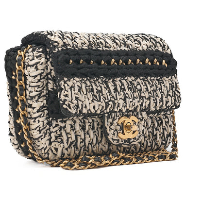 CHANEL Raffia ｘ Cotton ｘ Single Flap Chain Shoulder White ｘ Black Gold-Tone Hardware, Pre-Owned