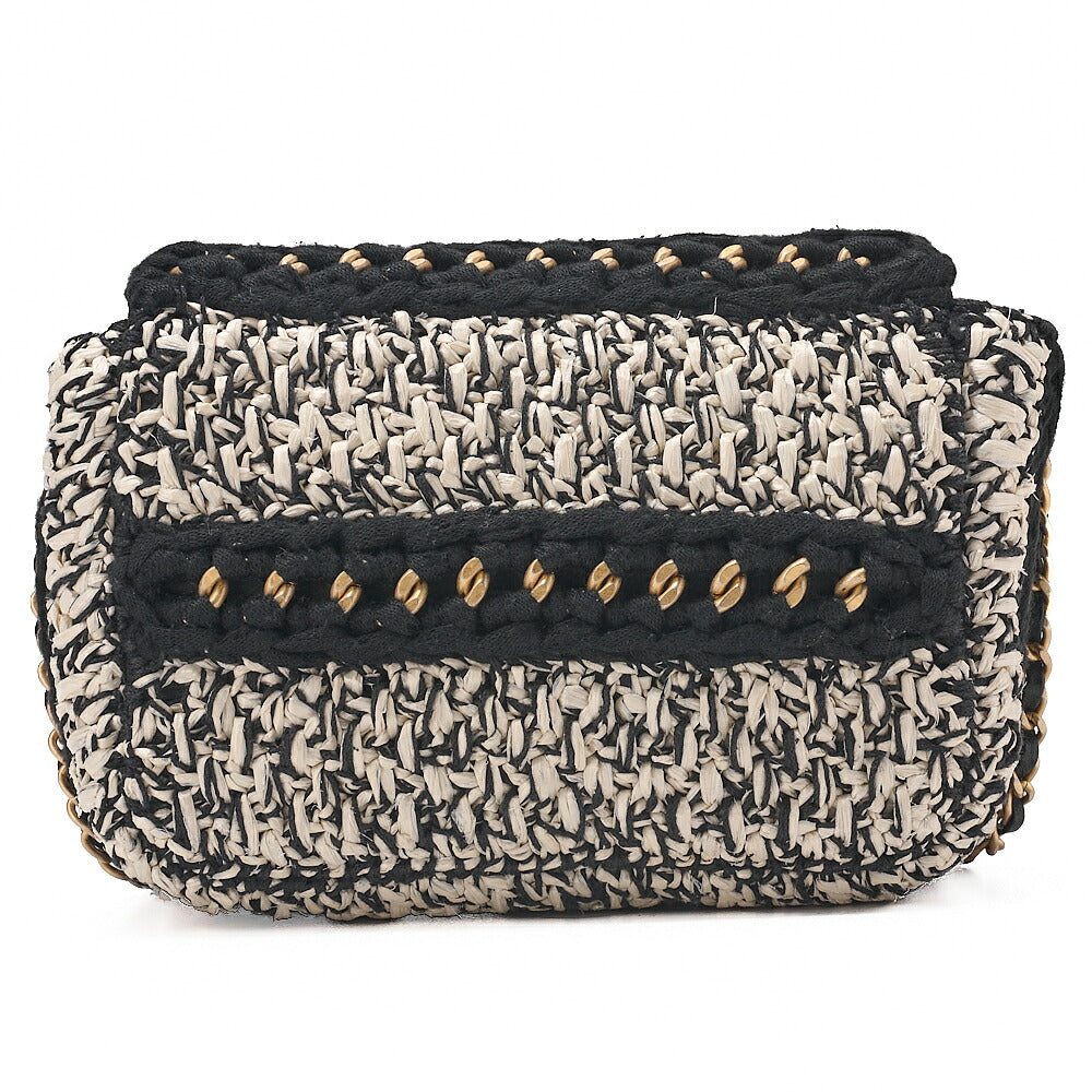 CHANEL Raffia ｘ Cotton ｘ Single Flap Chain Shoulder White ｘ Black Gold-Tone Hardware, Pre-Owned
