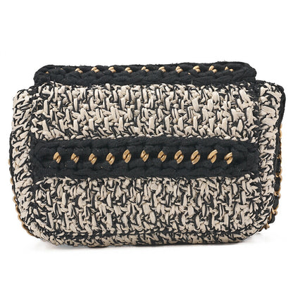 CHANEL Raffia ｘ Cotton ｘ Single Flap Chain Shoulder White ｘ Black Gold-Tone Hardware, Pre-Owned