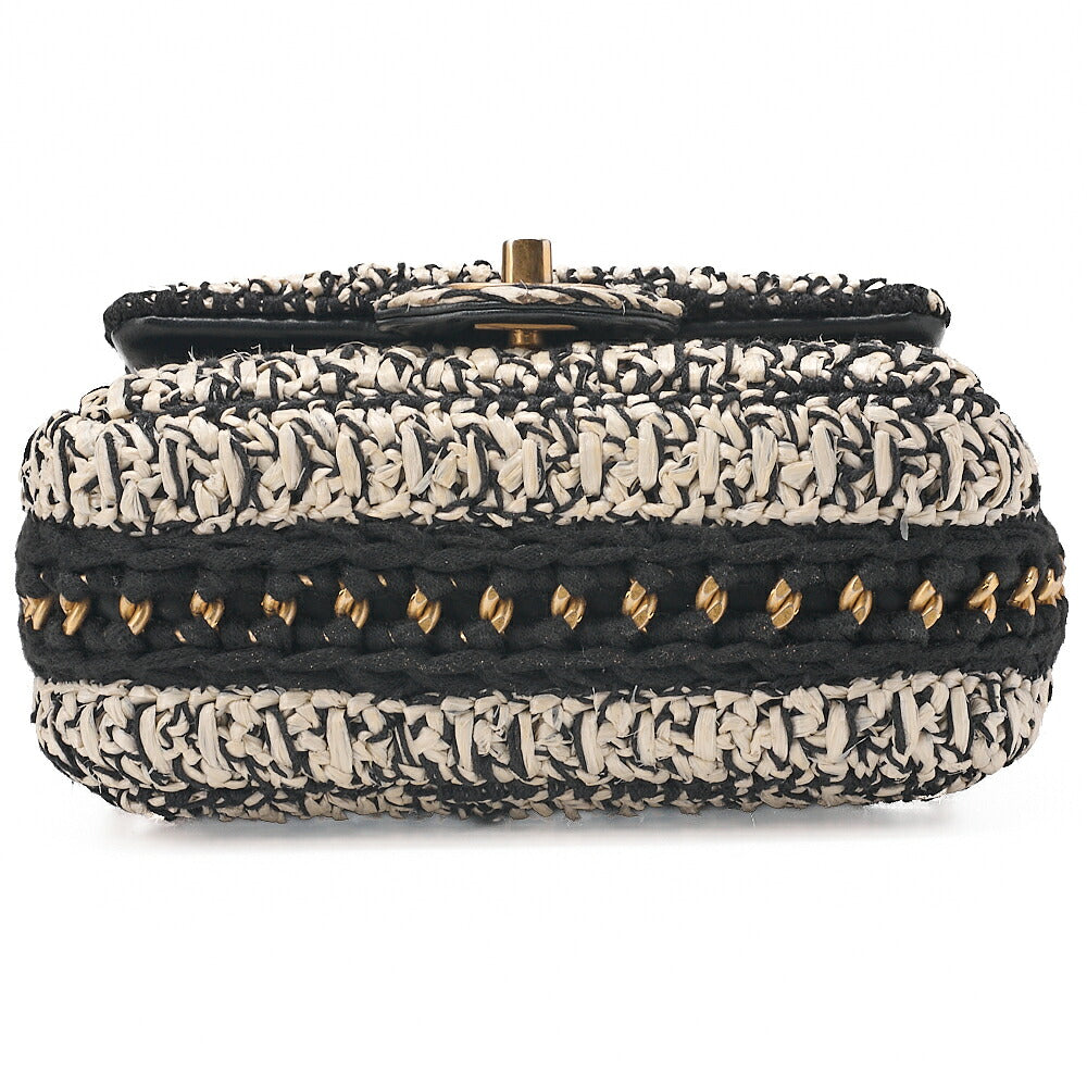 CHANEL Raffia ｘ Cotton ｘ Single Flap Chain Shoulder White ｘ Black Gold-Tone Hardware, Pre-Owned