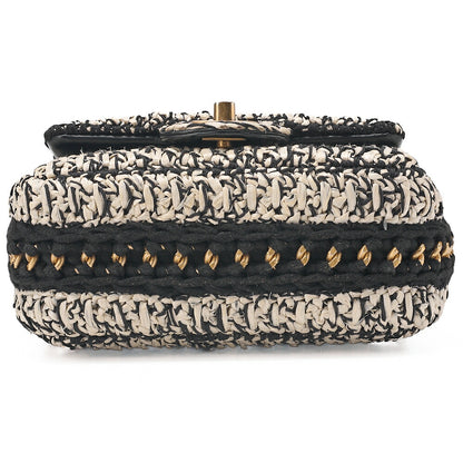 CHANEL Raffia ｘ Cotton ｘ Single Flap Chain Shoulder White ｘ Black Gold-Tone Hardware, Pre-Owned