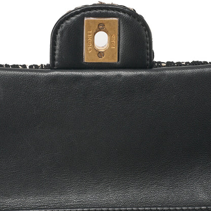 CHANEL Raffia ｘ Cotton ｘ Single Flap Chain Shoulder White ｘ Black Gold-Tone Hardware, Pre-Owned