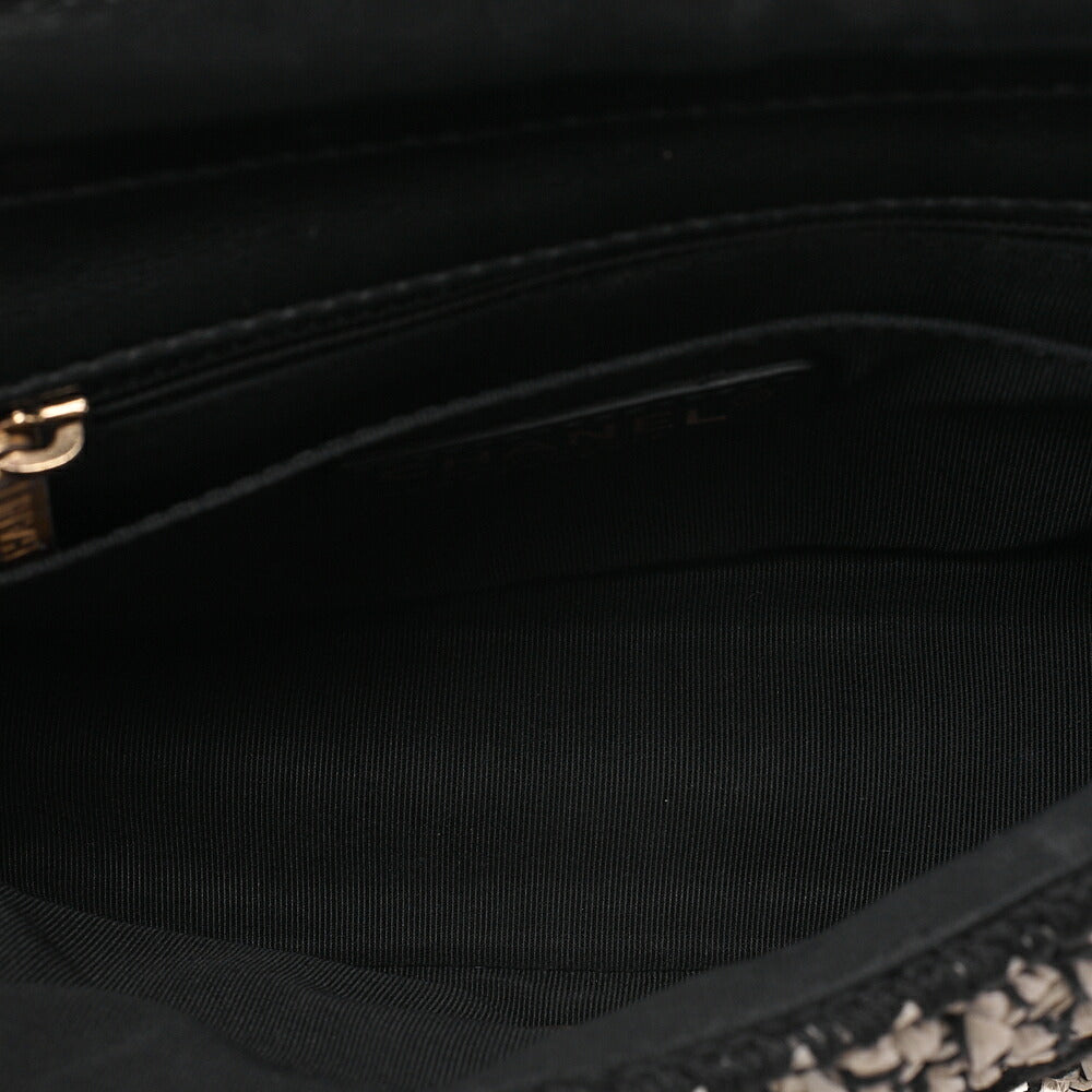 CHANEL Raffia ｘ Cotton ｘ Single Flap Chain Shoulder White ｘ Black Gold-Tone Hardware, Pre-Owned