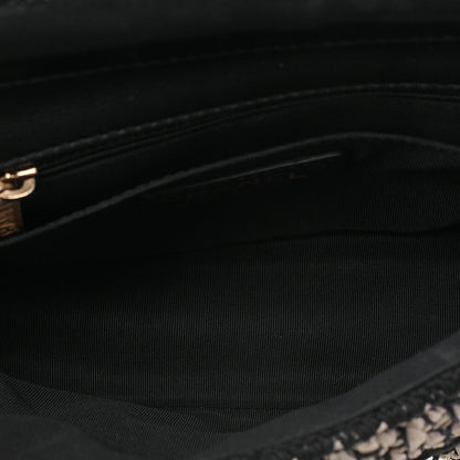 CHANEL Raffia ｘ Cotton ｘ Single Flap Chain Shoulder White ｘ Black Gold-Tone Hardware, Pre-Owned