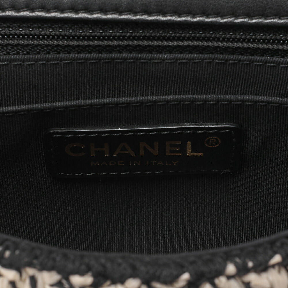 CHANEL Raffia ｘ Cotton ｘ Single Flap Chain Shoulder White ｘ Black Gold-Tone Hardware, Pre-Owned