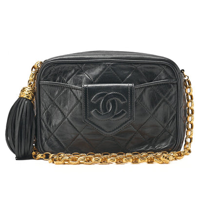 CHANEL Lambskin Matelasse with Fringe Graphic Chain Shoulder Black Gold-Tone Hardware, Pre-Owned