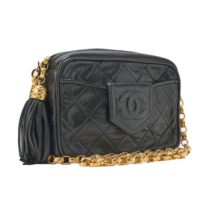 CHANEL Lambskin Matelasse with Fringe Graphic Chain Shoulder Black Gold-Tone Hardware, Pre-Owned