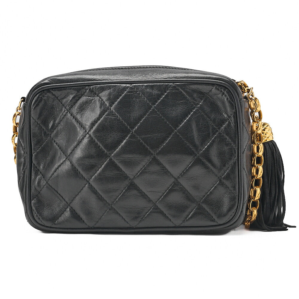 CHANEL Lambskin Matelasse with Fringe Graphic Chain Shoulder Black Gold-Tone Hardware, Pre-Owned