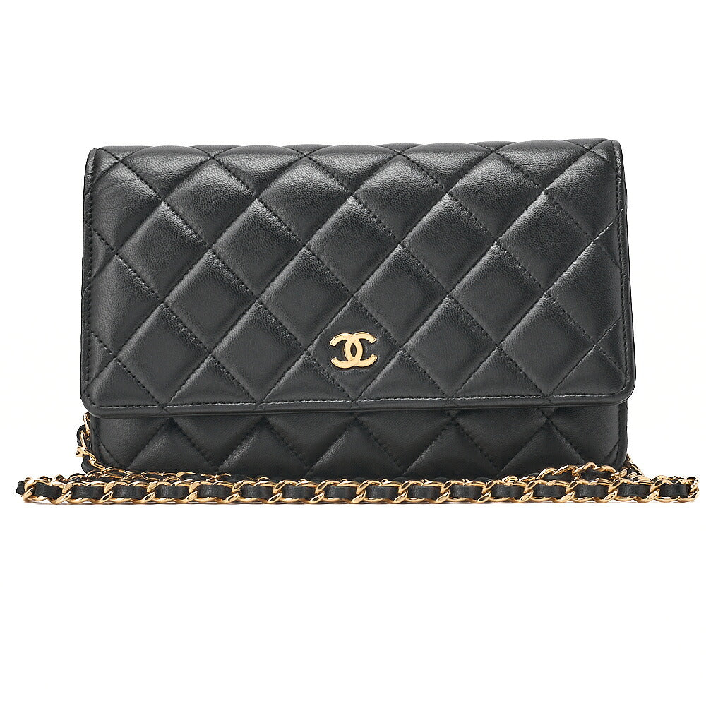 CHANEL Chanel Matelasse Chain Wallet Lambskin Black Gold-Tone Hardware, Pre-Owned