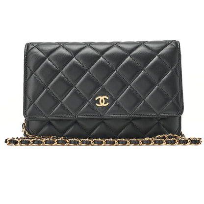 CHANEL Chanel Matelasse Chain Wallet Lambskin Black Gold-Tone Hardware, Pre-Owned