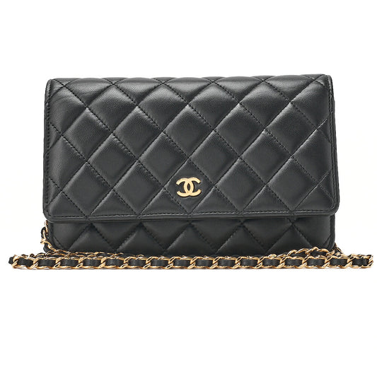 CHANEL Chanel Matelasse Chain Wallet Lambskin Black Gold-Tone Hardware, Pre-Owned