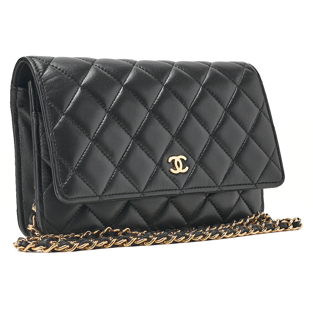 CHANEL Chanel Matelasse Chain Wallet Lambskin Black Gold-Tone Hardware, Pre-Owned