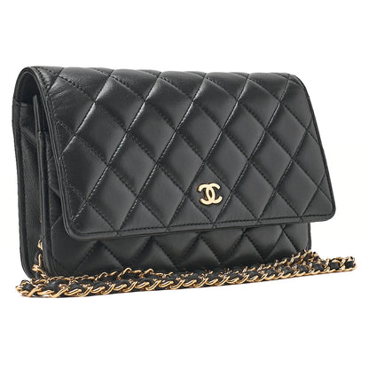 CHANEL Chanel Matelasse Chain Wallet Lambskin Black Gold-Tone Hardware, Pre-Owned