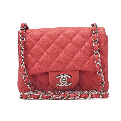 CHANEL Chain Shoulder Bag Mini Matelasse 17cm Caviar Skin Red Silver-Tone Hardware, Pre-Owned